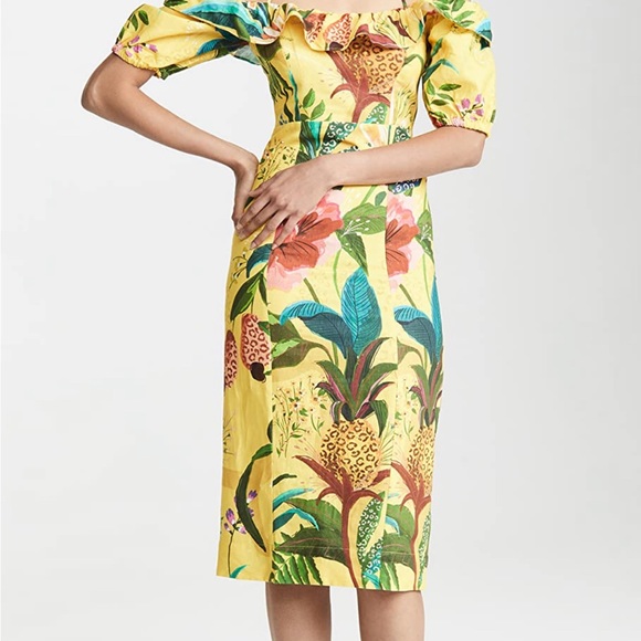 FARM Rio Golden Jungle Linen Midi Dress sz Small - Picture 5 of 16